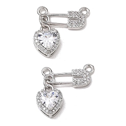 Platinum Brass Micro Pave Clear Cubic Zirconia Pendants, Heart Safety Pin Charm, Platinum, 18mm, Hole: 1.6mm