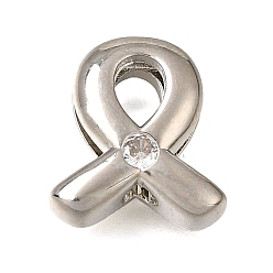 Platinum Brass Micro Pave Clear Cubic Zirconia Beads, Ribbon, Cadmium Free & Lead Free, Rack Plating, Long-Lasting Plated, Platinum, 15.5x14x6.5mm, Hole: 2x11mm