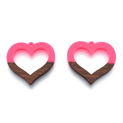 Hot Pink Opaque Resin & Walnut Wood Pendants, Hollow Heart Charm, Hot Pink, 34x35x3mm, Hole: 2mm