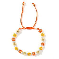 Оранжевый Богемный стиль стеклянные круглые бусины плетеные браслеты из бисера для женщин, маргаритка, с пластиковой имитационной жемчужиной, оранжевые, внутренний диаметр: 11 дюйм (28 см)