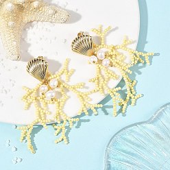 Beige Glass Seed Beaded Stud Earrings for Women, Coral, with Natural Cultured Freshwater Pearl, Brass Stud Earrings for Women, Golden, Beige, 69x18mm