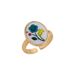 Flower Brass & Shell Cuff Open Rings, Golden, Oval, Flower, 18mm