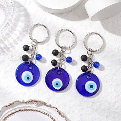 Платина 3шт. брелки ручной работы с эффектом сглаза, с круглыми бусинами из искусственного нефрита, окрашенными в технике выпекания, и железными разъемными кольцами для ключей, платина, 80 мм