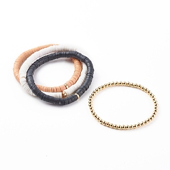 Mixed Color Stretch Beaded Bracelets Sets, with Handmade Polymer Clay Heishi Beads and Brass Round Beads, Golden, Mixed Color, Inner Diameter: 2-1/8 inch(5.3cm), 2-1/8 inch(5.4cm), 4pcs/set
