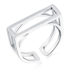Platinum Rhodium Plated 925 Sterling Silver Rectangle Open Cuff Ring, Hollow Ring for Women, Platinum, US Size 5 1/4(15.9mm)