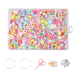 Mixed Color PandaHall Elite DIY Jewelry Making Kits for Children, Random Acrylic Beads, Lobster Claw Clasps, Crystal Thread, Jump Ring, Earring Backs, Scissor, Bead Tips and Stainless Steel Hair Bands, Mixed Color, 18.5x12.5x2.2cm, about 530pcs/box