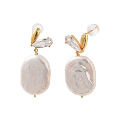 Real 18K Gold Plated Rectangle Natural Pearl Stud Earrings for Women, Sterling Silver Micro Pave Cubic Zirconia Dangle Earrings, Real 18K Gold Plated, 31~33x13mm
