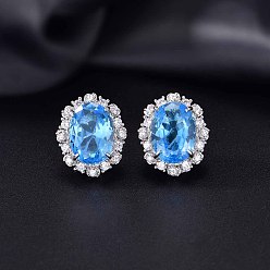 Azul Pendientes ovalados de latón con micro circonitas cúbicas para mujer., Platino, azul, 20x16 mm