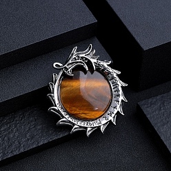 Tiger Eye Natural Tiger Eye Metal Flying Dragon Wrapped Pandants, Flat Round Charms, Antique Silver, 40mm