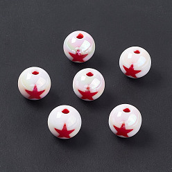 Малиновый УФ-покрытие радужными переливающимися акриловыми бусинами, круглые с рисунком звезд, малиновый, 15 мм, отверстие : 3.7 мм