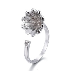 Platinum Rhodium Plated 925 Sterling Silver Cuff Rings, Design Ring Mounts Fittings with Pearl Seat, For Half Drilled Beads, with Cubic Zirconia, Flower, Platinum, Size 7, 17mm, Tray: 10mm, Pin: 0.8mm