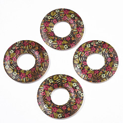Colorful Printed Wood Pendants, Donut with Floral Pattern, Colorful, 45x5mm, Hole: 1.6mm