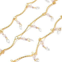 Real 18K Gold Plated Handmade Brass Link Chain, with Glass Beads and ABS Beads, Soldered, with Spool, Real 18K Gold Plated, 3.5x2.5x0.3mm and 18x3x1mm, about 16.40 Feet(5m)/Roll