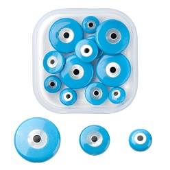 Deep Sky Blue 12Pcs 3 Style Synthetic Turquoise Beads, with Shell, Flat Round with Evil Eye, Deep Sky Blue, 6~12x2~3mm, Hole: 0.6~0.7mm, 4pcs/style