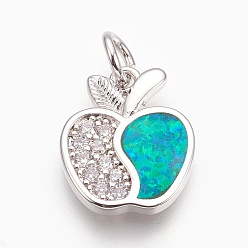 Платина Латунные микро проложить кубического циркония подвески, с синтетическим опалом, яблоко, бирюзовые, платина, 16x13x2 мм, отверстие : 4 мм