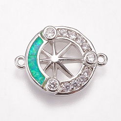 Green Brass Micro Pave Cubic Zirconia Links, with Synthetic Opal, Flat Round with Star, Platinum, Green, 13.5x17.5x2.5mm, Hole: 1mm