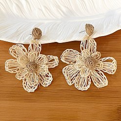 Цвет Древесины Серьги-гвоздики из богемской рафии с льном, полукруглый с цветком, деревесиные, 75x60 мм