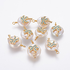 Deep Sky Blue Natural Cultured Freshwater Pearl Pendants, with Brass Micro Pave Cubic Zirconia Findings, Nuggets with Coconut Tree, Golden, Deep Sky Blue, 20~25x11~14x6~9mm, Hole: 1.8mm