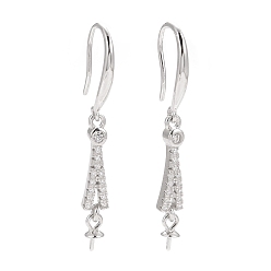 Platinum Anti-Tarnish Rhodium Plated 925 Sterling Silver Earring Hooks, with Clear Cubic Zirconia, for Half Drilled Beads, Platinum, 35mm, 21 Gauge, Pin: 0.7mm and 0.6mm, Tray: 6x3mm