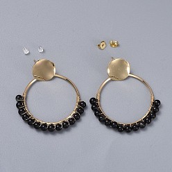 Obsidian Natural Obsidian Dangle Earrings, with Brass Findings, Plastic Ear Nuts and Brass Ear Nuts, 51~52mm, Pin: 0.7mm