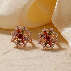 Розовое Золото Элегантные латунные серьги-кольца с цветочным узором из кубического циркония, розовое золото , 20x20 мм