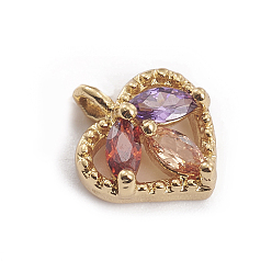 Настоящее золото 18K Латунные микро проложить кубического циркония прелести, сердце, красочный, реальный 18 k позолоченный, 9.5x8.5x3.5 мм, отверстие : 1.4 мм