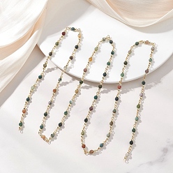 Разноцветный Цепочки из натуральных индийских бусин круглого звена, граненые, с 304 фурнитурой из нержавеющей стали, золотые, несварные, красочный, 1000 мм