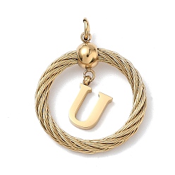 Letter U 304 подвески из нержавеющей стали, скрученный плоский круглый с буквой, ионное покрытие (ip), реальный 18 k позолоченный, с соединительными кольцами и 201 бусинами из нержавеющей стали, Буква U, 27x23.5~24x6 мм, отверстие : 3 мм