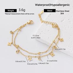 Star 304 Stainless Steel Pave Clear Cubic Zirconia Charm 2-Strand Bracelets for Women, Golden, Star, 6.69 inch(17cm)