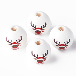 Red Painted Natural Wood Beads, Christmas Style, Round with Elk, Red, 16x15mm, Hole: 4mm