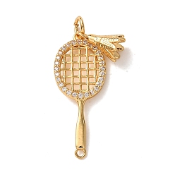 Настоящее золото 18K Спортивная латунная ракетка с микропаве из прозрачного кубического циркония и соединительными подвесками для бадминтонных звеньев, реальный 18 k позолоченный, ракетки: 26x10.5x1.5 мм, бадминтон: 10x5.5 мм, Перейти кольцо: 5x0.8 мм, внутренний диаметр: 2.8 мм