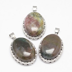(RRHB277) Кристалл на подкладке из медово-бежевого цвета Природного индийского агата подвески, с латунной фурнитурой , овальные, платина, 30x21x10~11 мм, отверстие : 6x4 мм