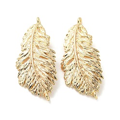 Real 18K Gold Plated Rack Plating Brass Links Connector Charms, Feather, Real 18K Gold Plated, 26x11.5x1.5mm, Hole: 0.8mm