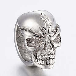 Antik Silber Farbe 304 Edelstahlringperlen, Großloch perlen, Schädelkopf, Antik Silber Farbe, 12x8x13 mm, Bohrung: 8 mm