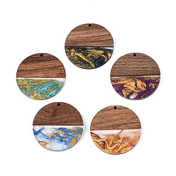 (52) Непрозрачная лаванда Подвески из непрозрачной смолы и ореха, плоские круглые прелести, с блеском порошок, разноцветные, 38.5x3.5 мм, отверстие : 2 мм