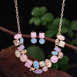 Бледно-Розовый Комплекты из плоских круглых, овальных и квадратных ожерелий и серег-гвоздиков из цинкового сплава с эмалью, розовый жемчуг, 420 мм