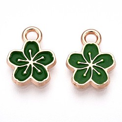 Темно-Зеленый Сплав эмали прелести, без свинца и без кадмия, золотые, цветочный шарм, темно-зеленый, 11.3x9x1.5 мм, отверстие : 1.6 мм