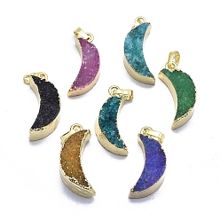 Mixed Color Natural Druzy Agate Pendants, Edge Golden Plated, with Golden Tone Brass Finding, Moon, Dyed & Heated, Mixed Color, 30~33x9.5~10x7.5~8.5mm, Hole: 3.5x5.5mm