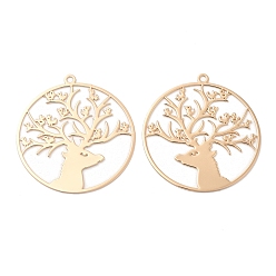Light Gold Долговечные филигранные подвески из латуни с покрытием, плоская круглая с подвесками в виде оленей, без кадмия, без никеля и без свинца, золотой свет, 41x38x0.3 мм, отверстие : 2 мм