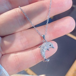 Platinum Summer Beach Alloy Crystal Rhinestone Dolphin Pendant Necklaces for Women, Platinum, 15.75 inch(40cm)