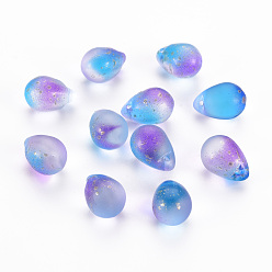 Озёрно--синий Двухцветные прозрачные стеклянные подвески, золотой фольгой, матовые, слеза, Плут синий, 14x10x10 мм, отверстие : 1 мм