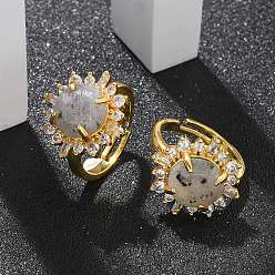 Лабрадорита Кольца из натурального лабрадорита подсолнечника, Кольца-манжеты из латуни золотистого тона со стразами, стойки покрытие, долговечный, без свинца и без кадмия, подсолнечника: 19x19 мм, внутренний диаметр: 17 мм