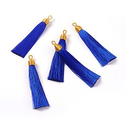 Средно-синий Нейлоновые кисточки большие подвески, с железной фурнитурой, золотые, светло-синий, 86x9.5 мм, отверстие : 3x5 мм
