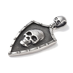 Antique Silver Viking 316 Surgical Stainless Steel Pendants, Shield with Skull Charm, Antique Silver, 39x24.5x6mm, Hole: 7x3.5mm