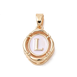 Letter L 304 aus Stahl-Email-Anhänger, Oval mit Buchstaben, golden, weiß, letter.l, 15.5x11.5x4 mm, Bohrung: 4.5x2.5 mm