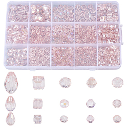 Pink 630 шт. 15 стили гальванических стеклянных бусин, с покрытием AB цвета, граненые, рондель, куб, биконус, каплевидная форма, розовые, 4~8 мм