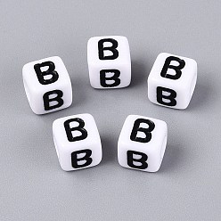 Letter B Opaque Acrylic Beads, Cube with Number, with Enamel, Black, Letter B, 7.5~8x7.5~8x8~8.5mm, Hole: 3.6~4mm, about 1200pcs/500g
