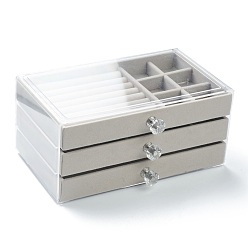 Silver Rectangle Velvet & Wood Jewelry Boxes, 3 Layers with Plastic Cover, Portable Jewelry Storage Case, for Ring Earrings Necklace, Silver, 15.5x10.5x23.2cm