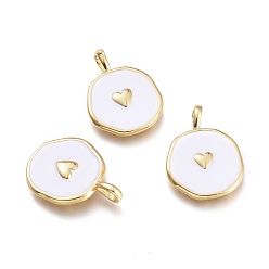 White Brass Enamel Pendants, Flat Round with Heart, Golden, White, 20x13.5x2.5mm, Hole: 3.5x2mm