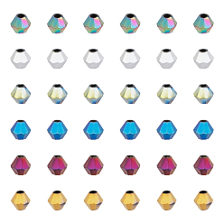 Gemischte Farbe Galvanisierte Glasperlen, facettiert, Doppelkegel, Gemischte Farbe, 4x4 mm, Bohrung: 1 mm, 123 Stk. je Farbe, 6 Farben, 728 Stück / Karton